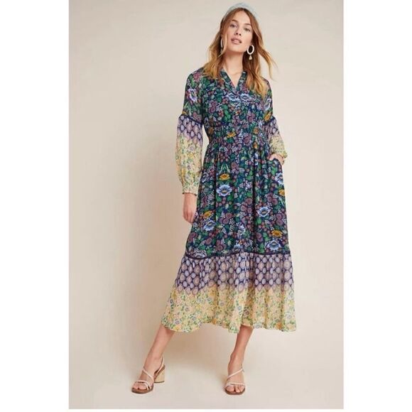 Anthropologie Maeve Woman’s Ondine Boho Floral Multi Media Printed Midi/Maxi Dre - Picture 1 of 16